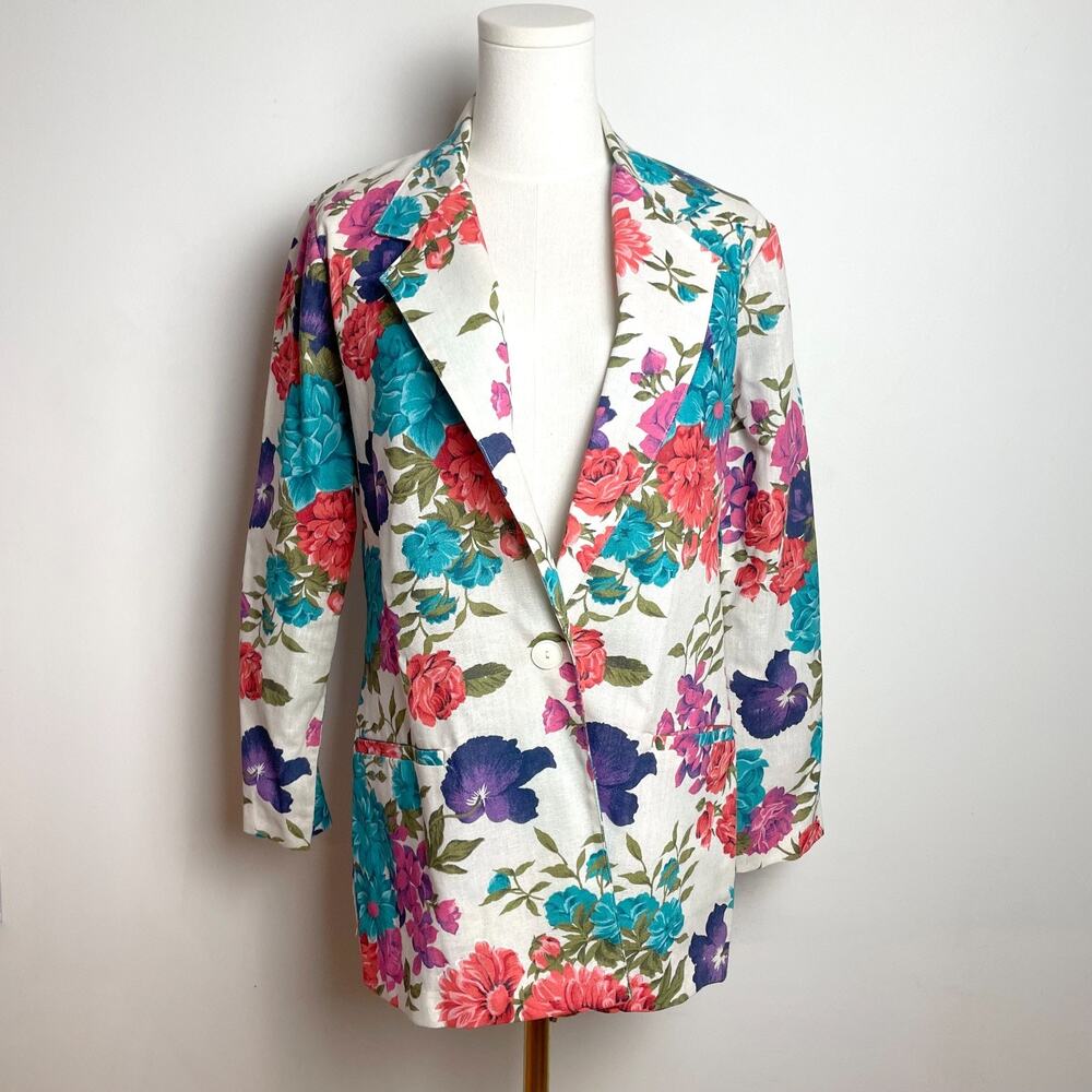 Vintage 80s 90s Floral Blazer Womens Medium Linen‎ Blend Cottage Romantic Summer